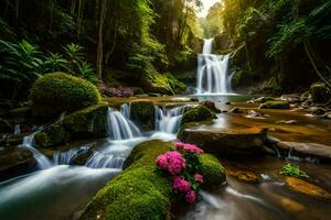 beautiful waterfall in the jungle with pink flowers. AI-Generated photo