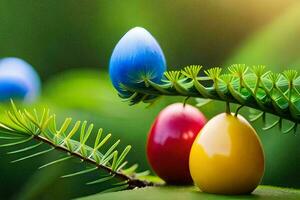 colorful easter eggs on a branch. AI-Generated photo