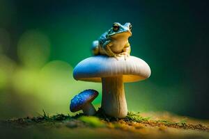 a frog sits on top of a mushroom in the forest. AI-Generated photo