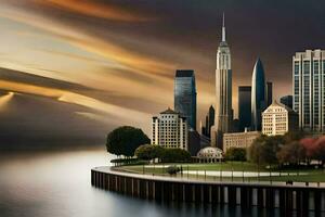 un ciudad horizonte con un río y un muelle. generado por ai foto