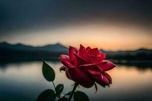 a red rose is in front of a lake at sunset. AI-Generated photo