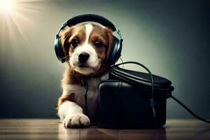 un perrito vistiendo auriculares y sentado siguiente a un bolsa. generado por ai foto