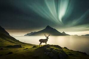 a deer stands on a hill with a bright aurora light above it. AI-Generated photo