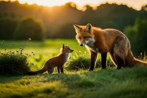 un zorro y su cachorro en un campo a puesta de sol. generado por ai foto