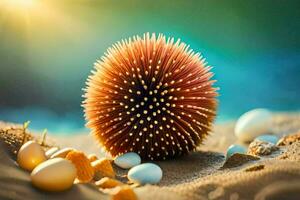 a spiky ball of grass and eggs on the sand. AI-Generated photo