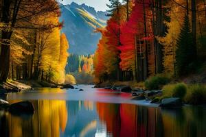 autumn landscape with trees and mountains reflected in the water. AI-Generated photo