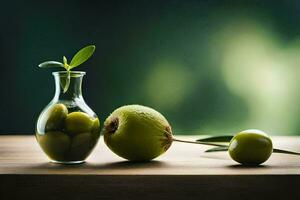 aceitunas en un vaso botella. generado por ai foto