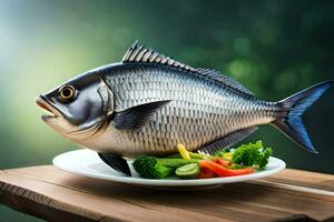 a fish on a plate with vegetables. AI-Generated photo