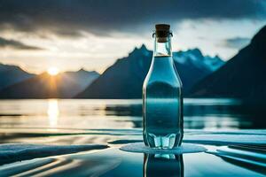 a bottle of water sits on the water with mountains in the background. AI-Generated photo