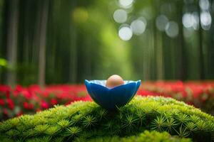 a blue egg in a flower pot. AI-Generated photo