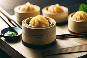 dumplings in bamboo containers on a wooden table. AI-Generated photo