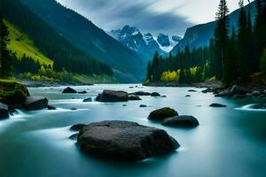 un río fluye mediante un montaña Valle con rocas y arboles generado por ai foto