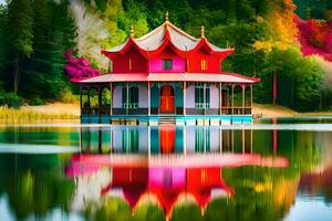 a colorful pagoda sits on the water in front of a forest. AI-Generated photo