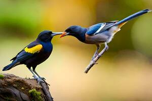 dos aves son en pie en un rama con su picos abierto. generado por ai foto