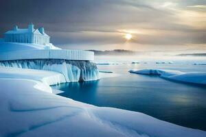 a house on an iceberg in the middle of the ocean. AI-Generated photo