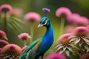 a peacock is standing in front of some flowers. AI-Generated photo