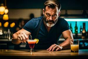 a man with a beard is making a cocktail. AI-Generated photo