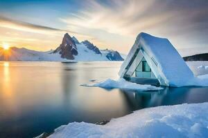 a hut made of ice sits on the shore of a lake. AI-Generated photo