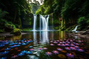 the waterfall is surrounded by colorful flowers in the water. AI-Generated photo