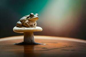 a frog sitting on top of a mushroom. AI-Generated photo