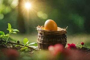 egg in a basket on the grass. AI-Generated photo