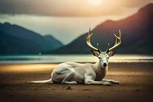 a white deer is sitting on the beach. AI-Generated photo