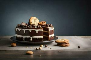 chocolate cake with cookies and chocolate chips on a dark background. AI-Generated photo