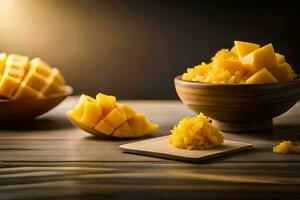 mango slices in bowls and a wooden table. AI-Generated photo