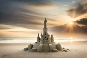 a sand castle on the beach at sunset. AI-Generated photo