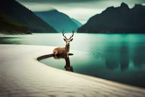 a deer is sitting on the shore of a lake. AI-Generated photo