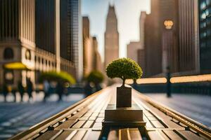 a small tree is sitting on a bench in a city. AI-Generated photo