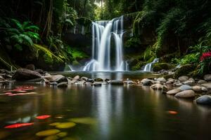 a waterfall in the jungle with red flowers. AI-Generated photo