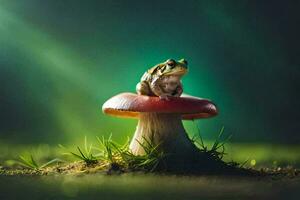 a frog sits on top of a mushroom. AI-Generated photo