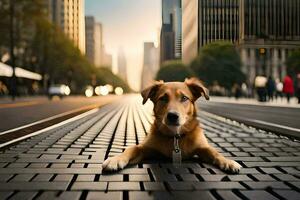 a dog laying on the ground in the middle of a city. AI-Generated photo