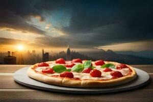 pizza on a wooden table with a sunset in the background. AI-Generated photo