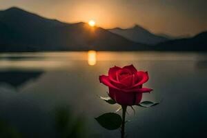 a red rose is in front of a lake and mountains. AI-Generated photo