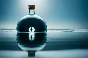 a bottle of liquor in the water with a reflection of the ocean. AI-Generated photo