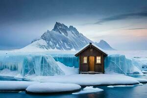 un pequeño cabina se sienta en parte superior de un iceberg en el medio de el océano. generado por ai foto