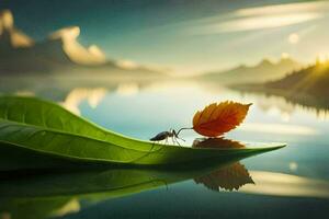 a leaf and an ant sitting on a leaf in the water. AI-Generated photo