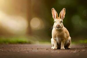 a rabbit sitting on the ground in front of a blurry background. AI-Generated photo