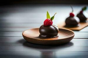 chocolate truffles on a wooden plate. AI-Generated photo