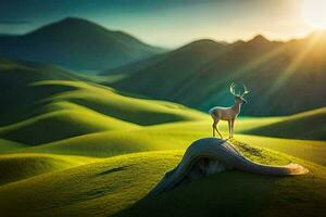 a deer stands on top of a hill in the middle of a green field. AI-Generated photo