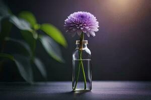 purple flower in a glass bottle on a dark table. AI-Generated photo