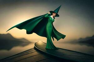 a woman in a green dress standing on a boat. AI-Generated photo
