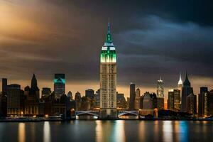 el imperio estado edificio es iluminado arriba verde y blanco. generado por ai foto