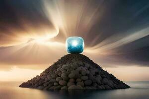 a rock with a blue ball sitting on top of it. AI-Generated photo