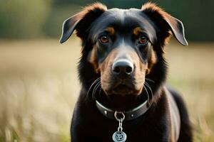 a black and brown dog with a collar on. AI-Generated photo