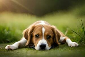 a brown and white dog laying on the grass. AI-Generated photo