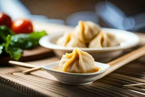 dumplings in a bowl with chopsticks and vegetables. AI-Generated photo