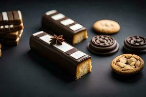 chocolate barras y galletas en un negro superficie. generado por ai foto